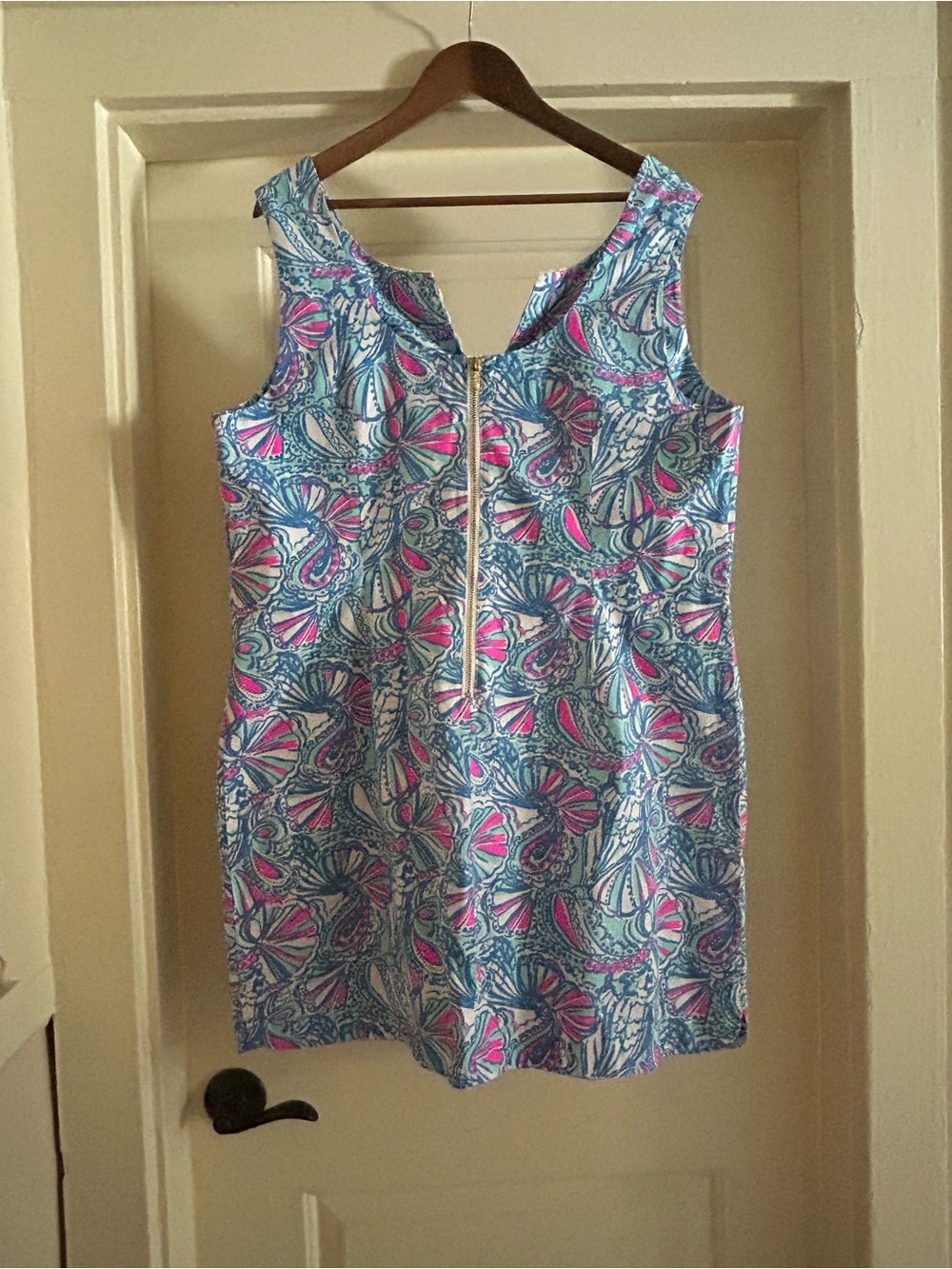 Lilly Pulitzer Blue Pink Shell-Print Mini Dress with White Lace Trim - Picture 2 of 4